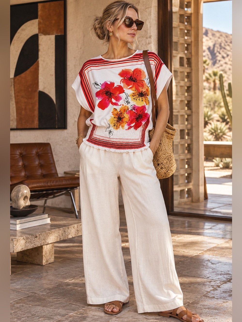 Tribal White Large Floral Smocked Waist Dolman Top Artsy Resort Boho